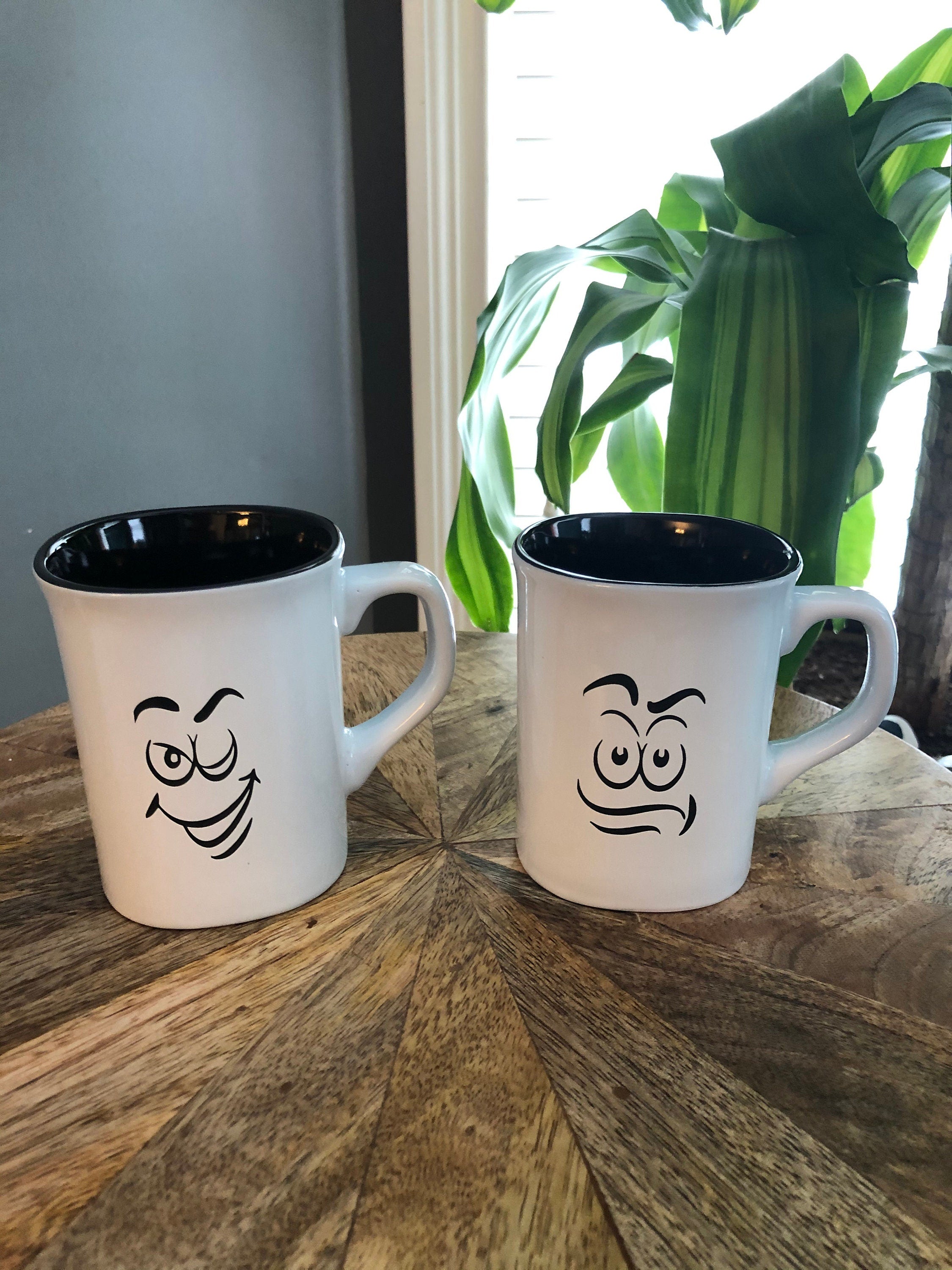 Set of (2) two - 10oz Ceramic Coffee/Tea Cups laser engraved with emoji faces