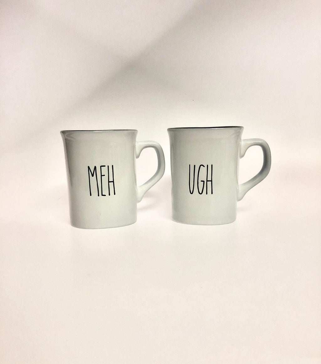 Set of 2 ceramic coffee cups -Laser engraved Meh and Ugh