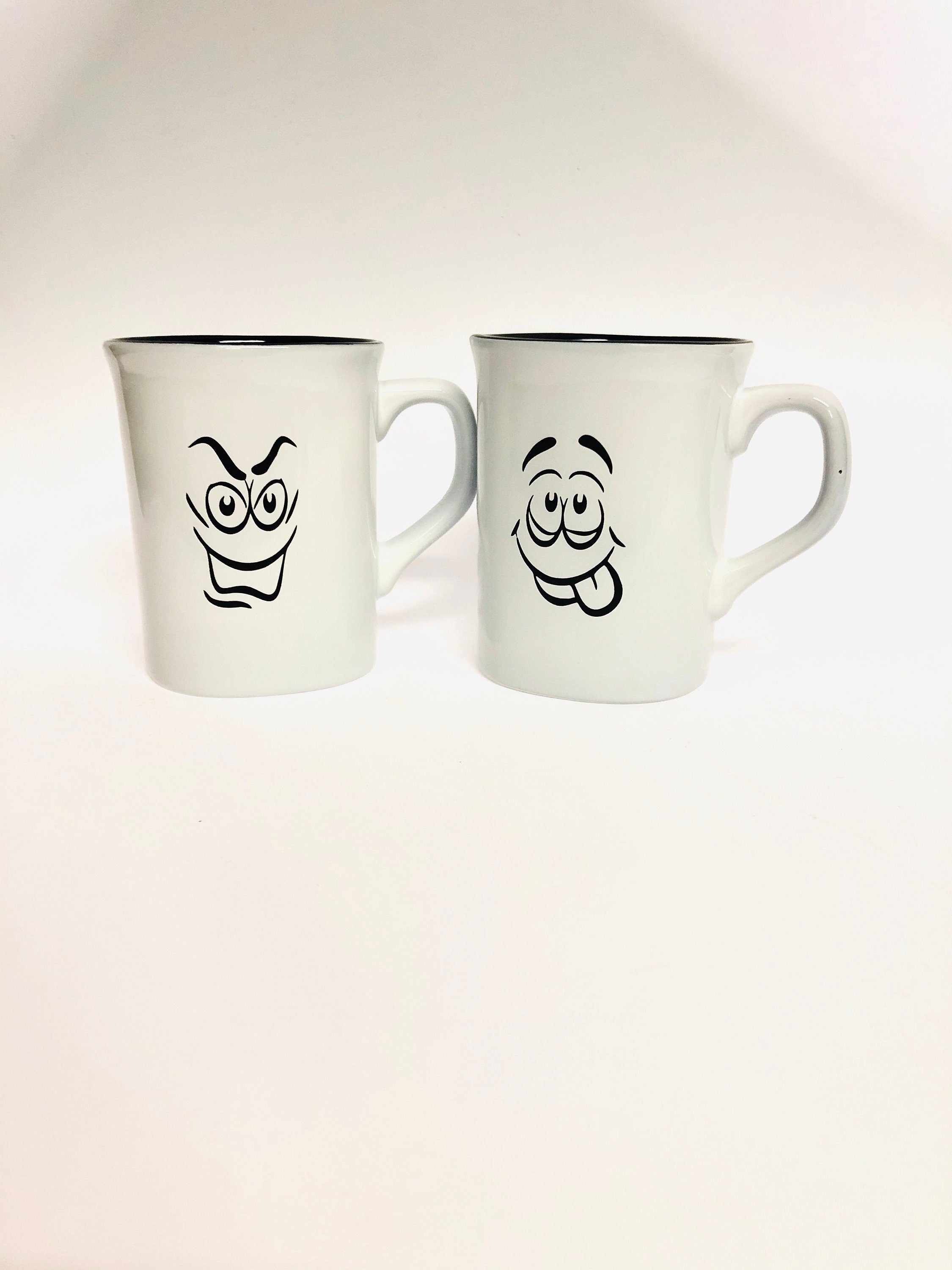Set of (2) two - 10oz Ceramic Coffee/Tea Cups laser engraved with emoji faces - great gift