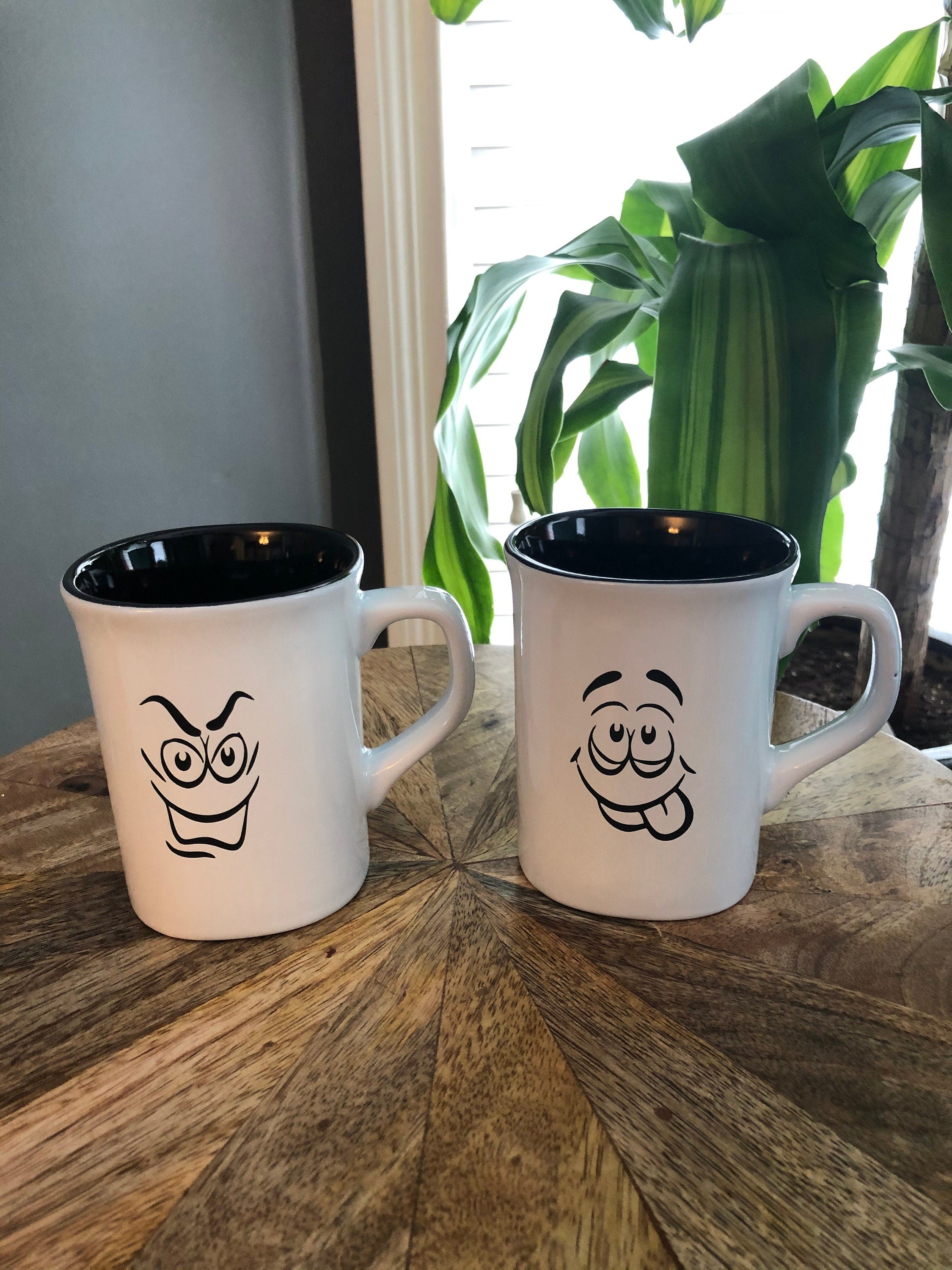 Set of (2) two - 10oz Ceramic Coffee/Tea Cups laser engraved with emoji faces - great gift