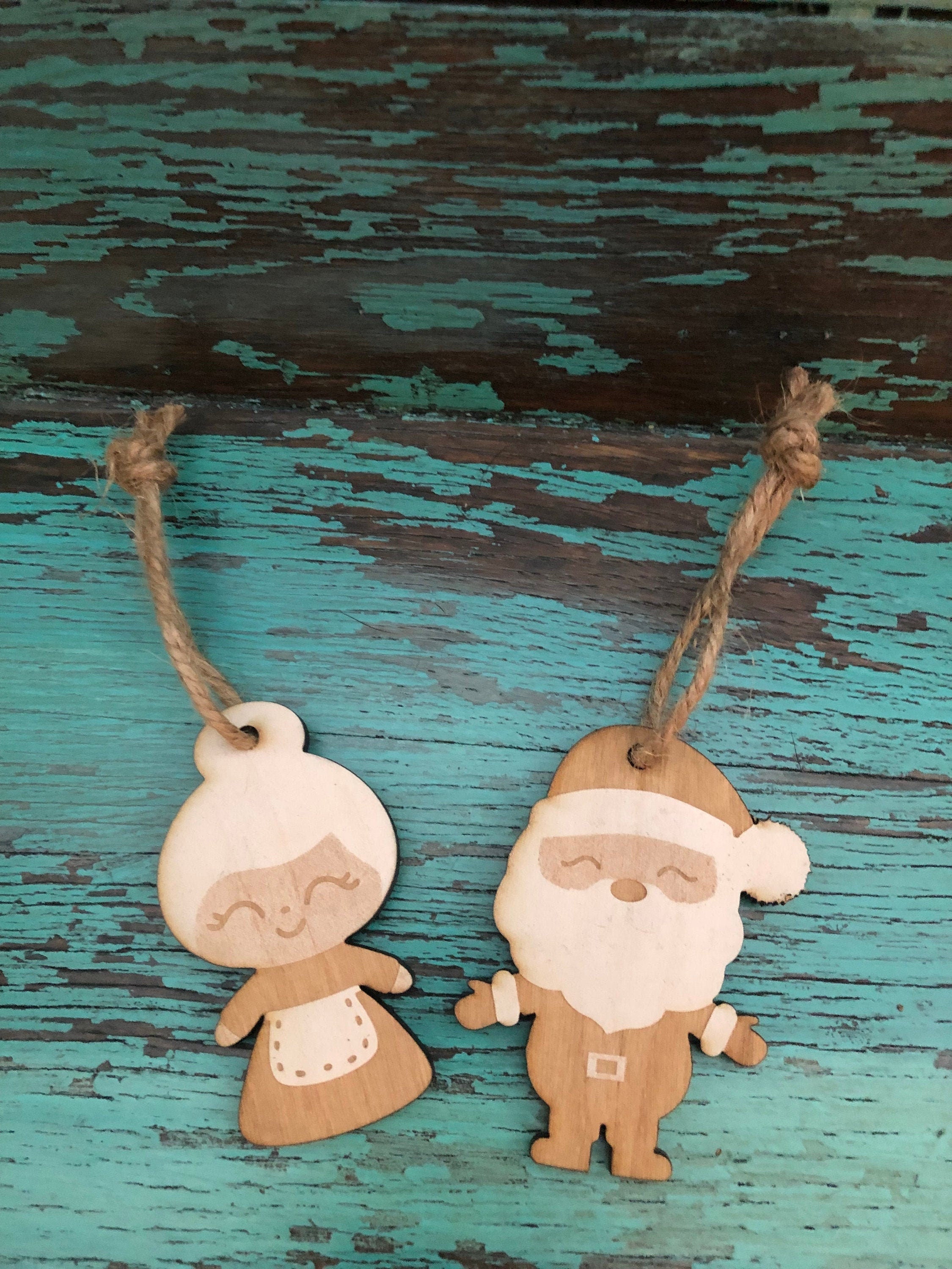 Wooden Christmas Tree Ornaments Santa and Mrs. Claus