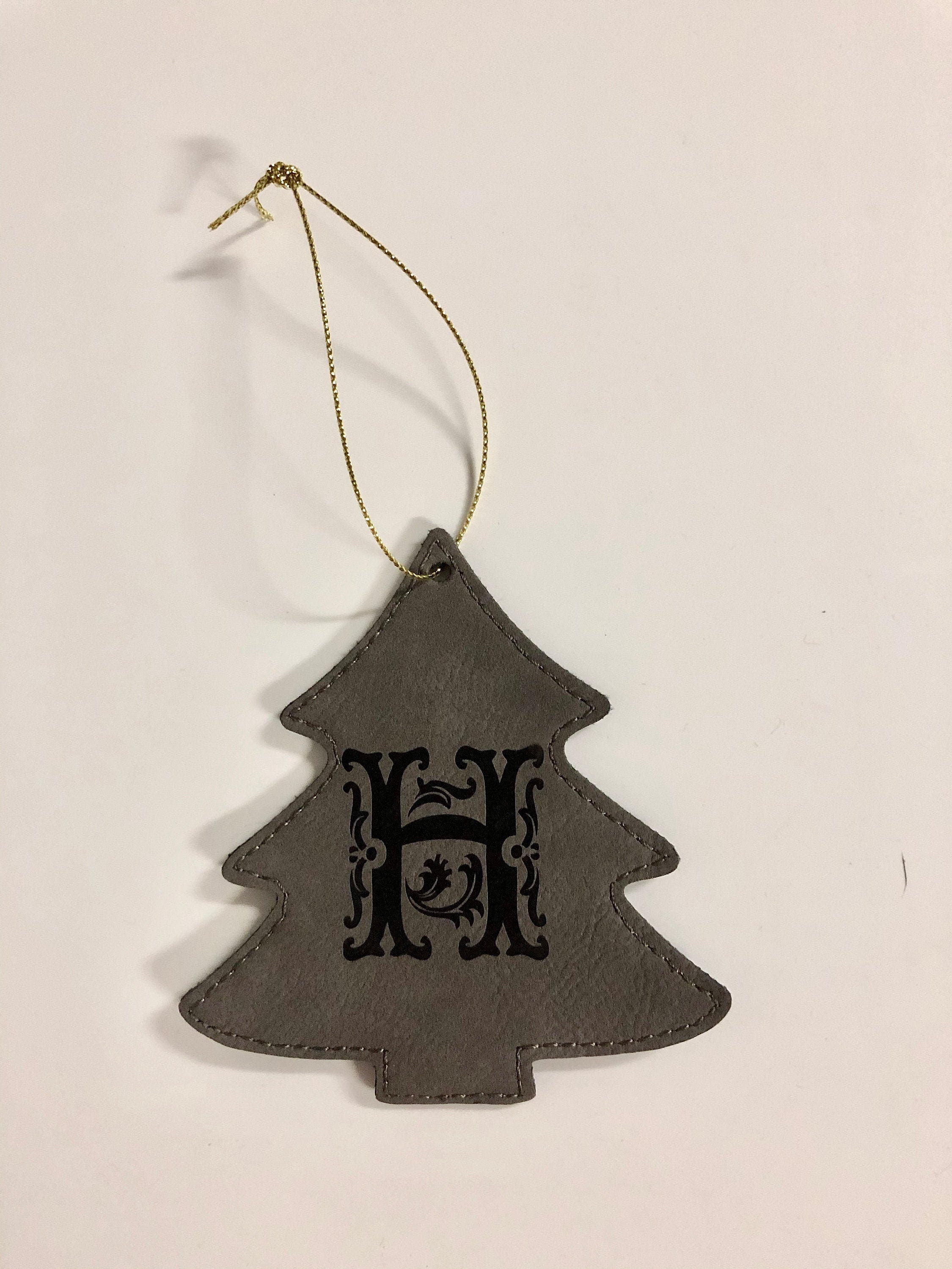 Gray Leather Christmas Tree Ornament with initial laser engraved