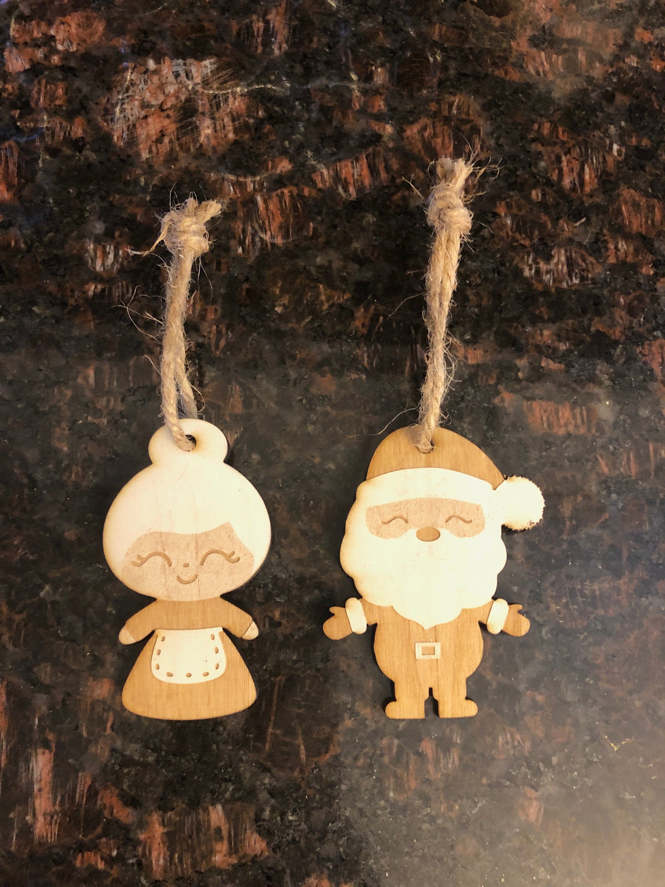 Wooden Christmas Tree Ornaments Santa and Mrs. Claus