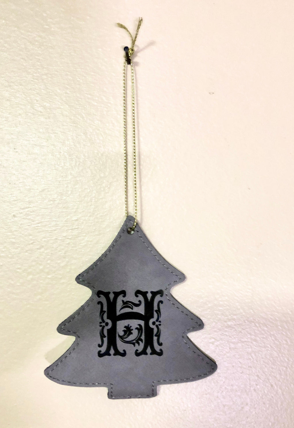 Gray Leather Christmas Tree Ornament with initial laser engraved
