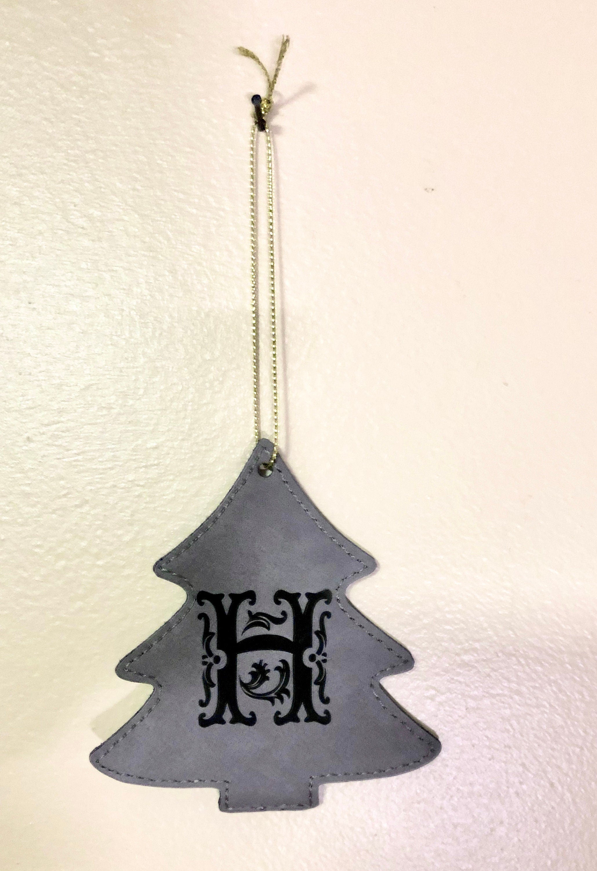 Gray Leather Christmas Tree Ornament with initial laser engraved