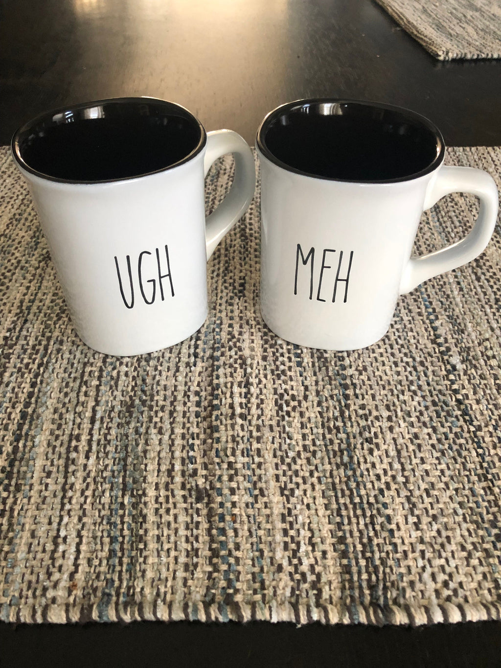 Set of 2 ceramic coffee cups -Laser engraved Meh and Ugh