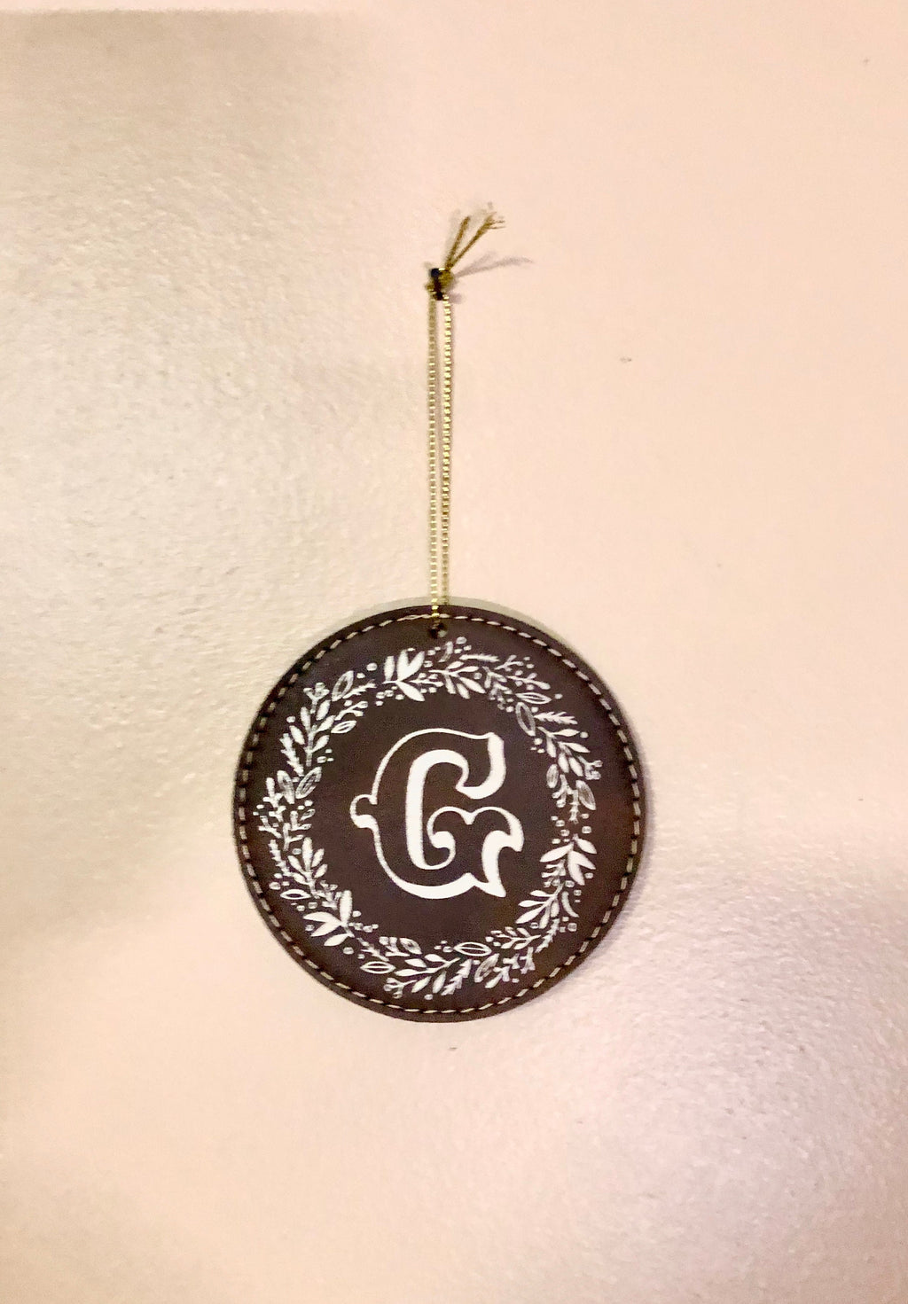 Brown Leather Christmas Ornaments with gold initial design
