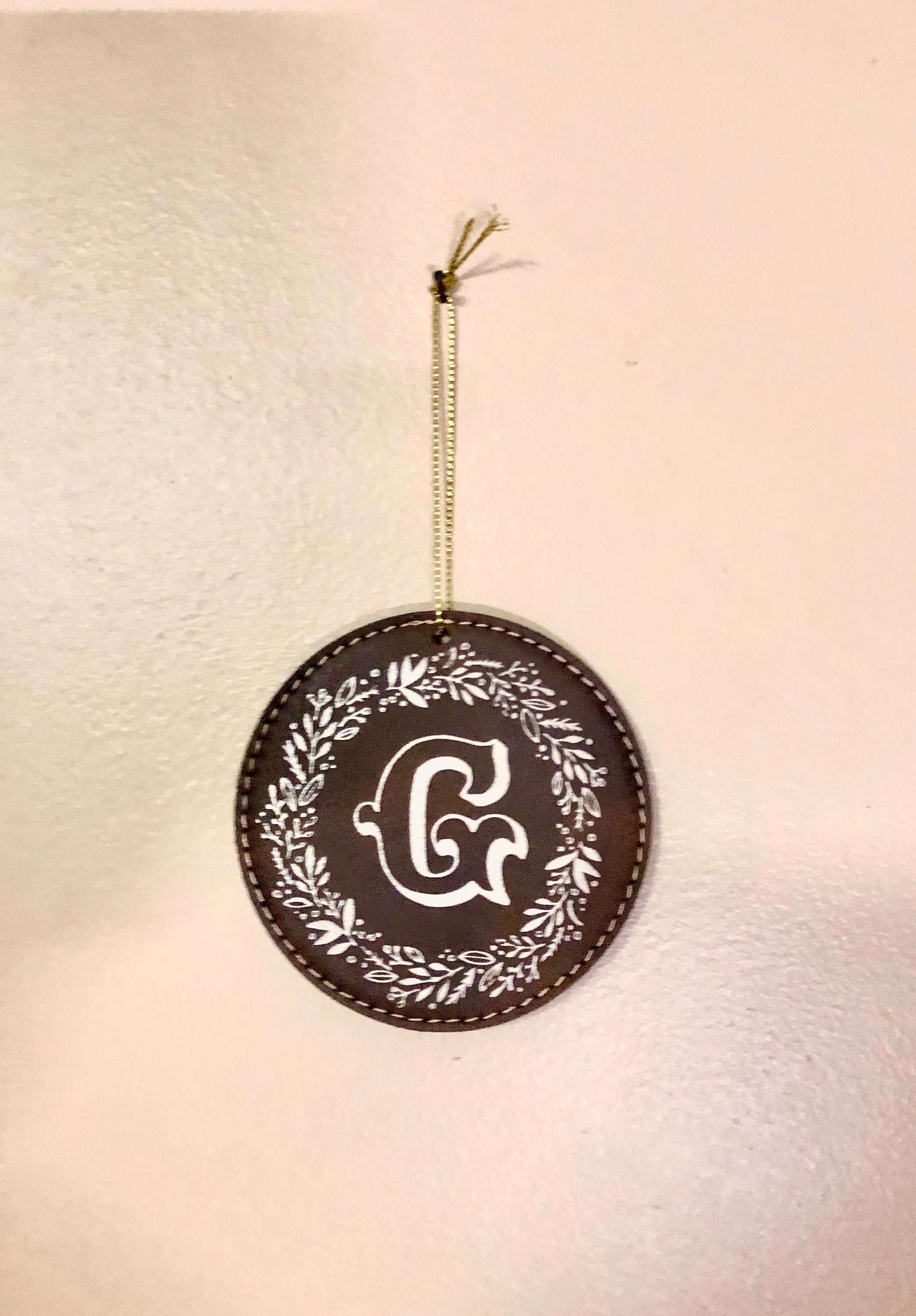 Brown Leather Christmas Ornaments with gold initial design