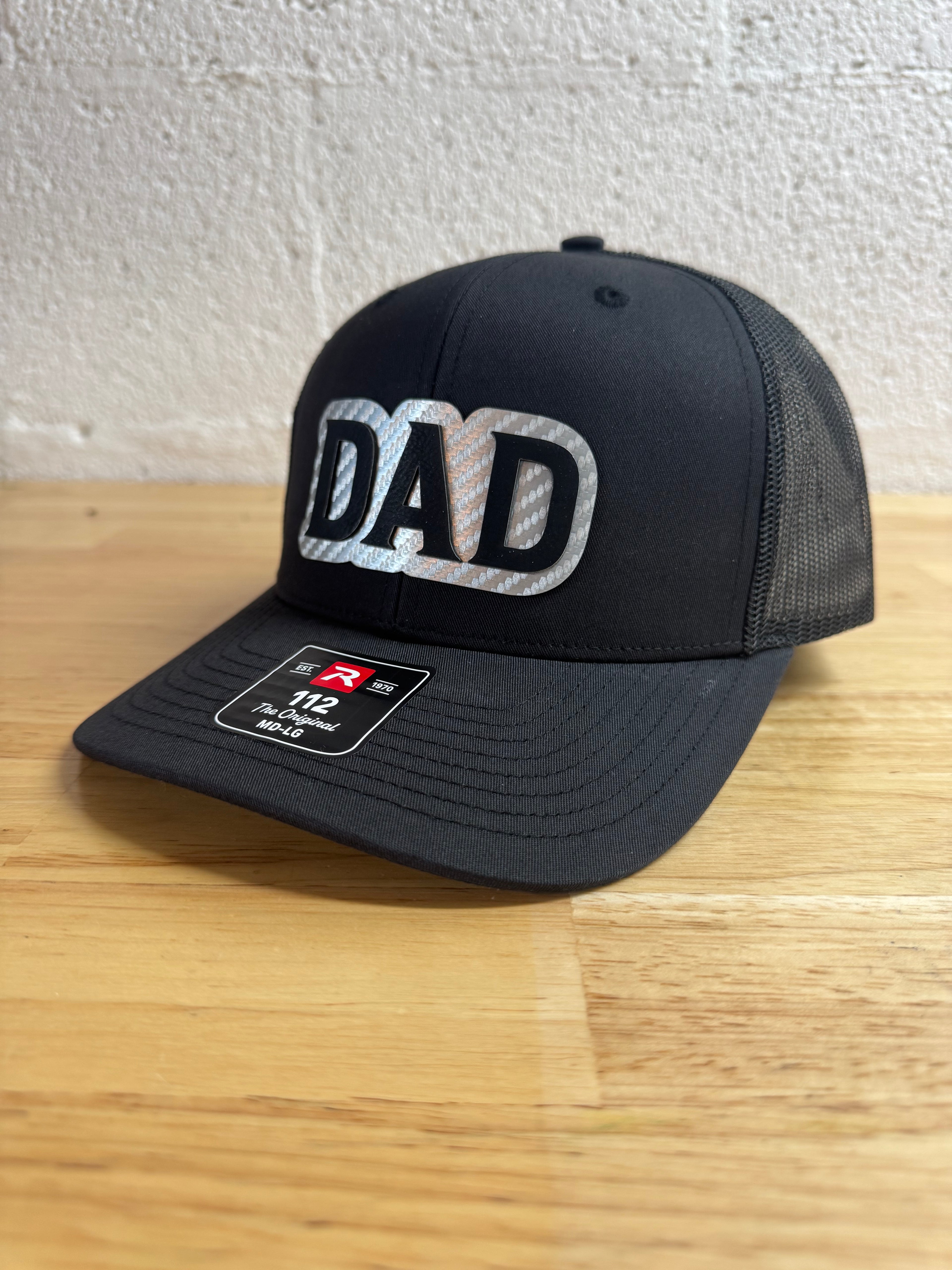 Richardson 112 Hat with “Dad” Leather Patch – Black / Carbon Fiber