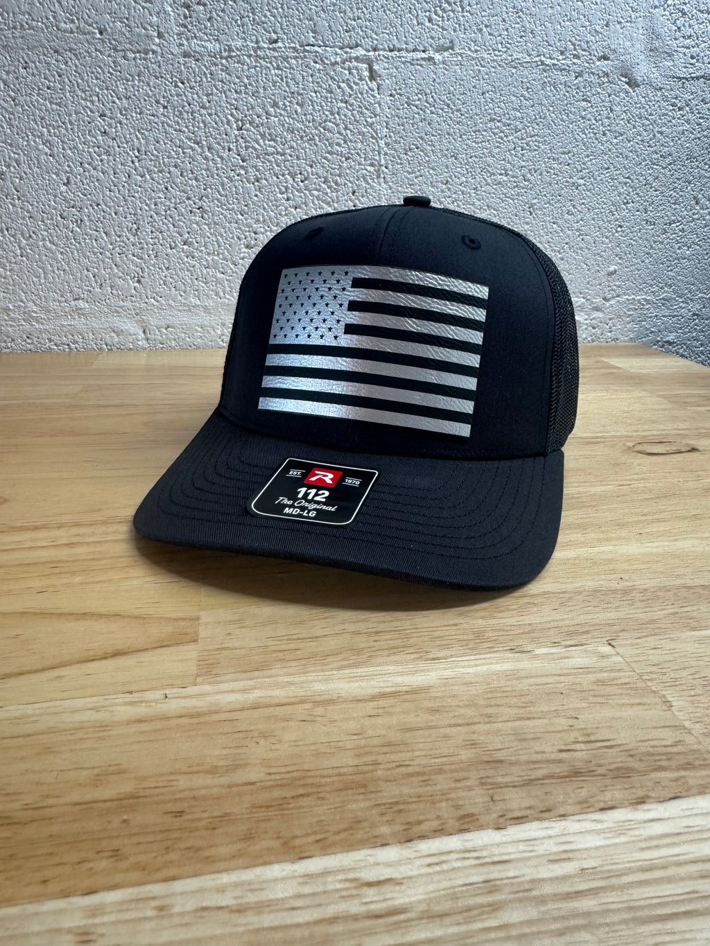 American Flag Black Patch Engraved in Silver Vegan Leatherette Patch - Black Richardson 112