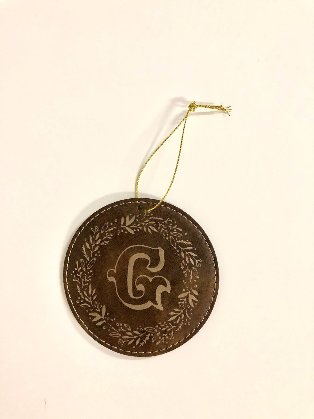 Brown Leather Christmas Ornaments with gold initial design
