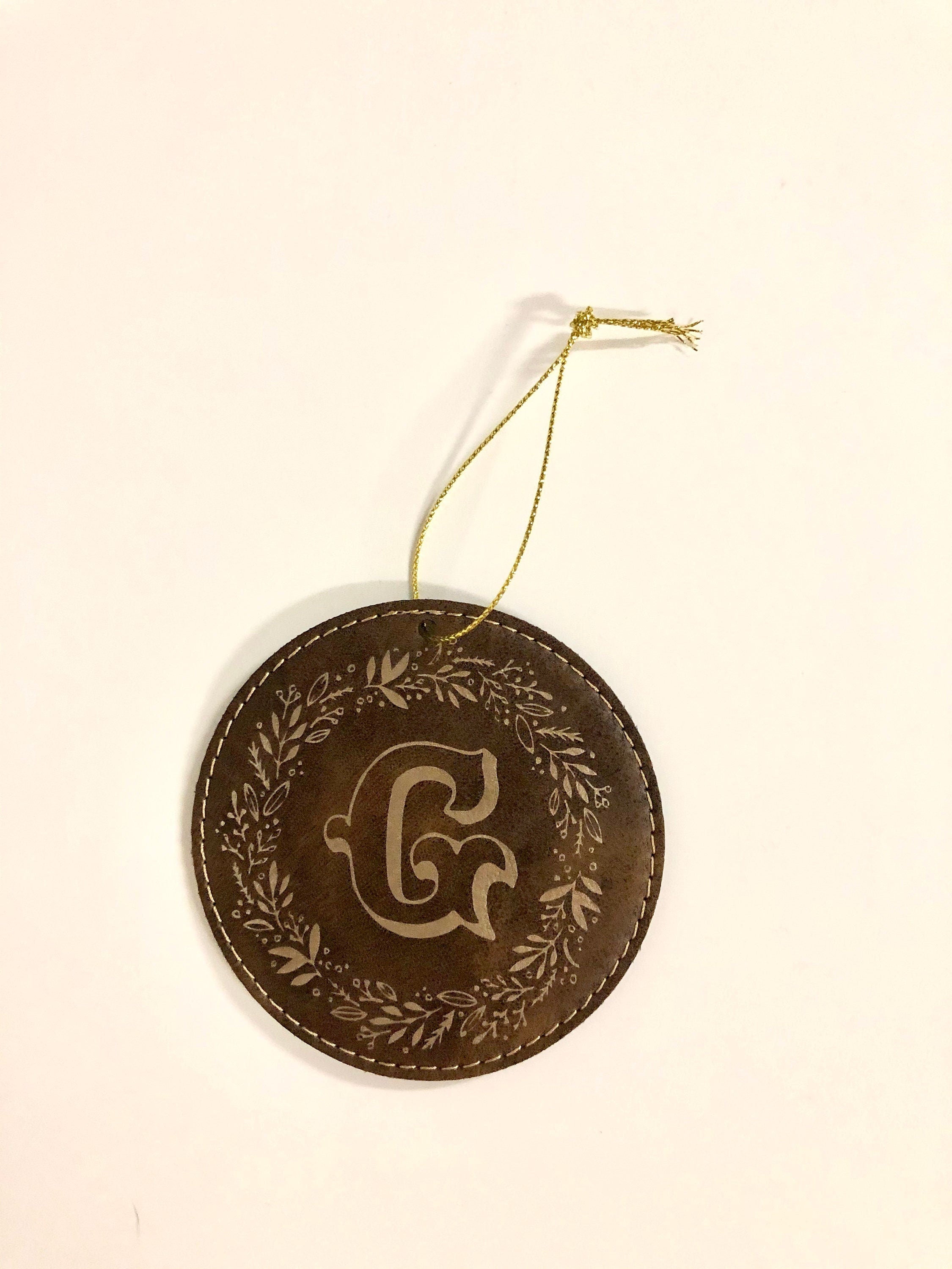 Brown Leather Christmas Ornaments with gold initial design