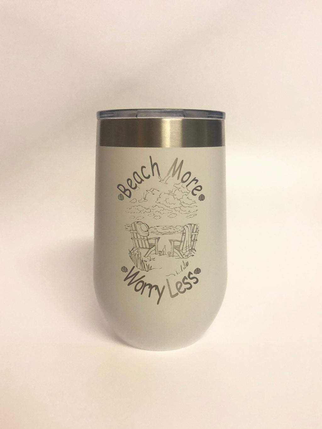 Beach More Wine Less -  Laser Engraved 16 oz insulated tumbler w/Clear Lid