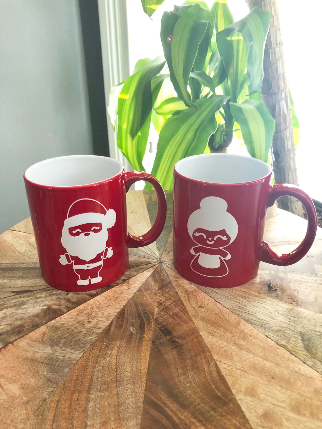 Ceramic Coffee cup - Laser engraved Santa and Mrs. Clause design 11oz, set of 2