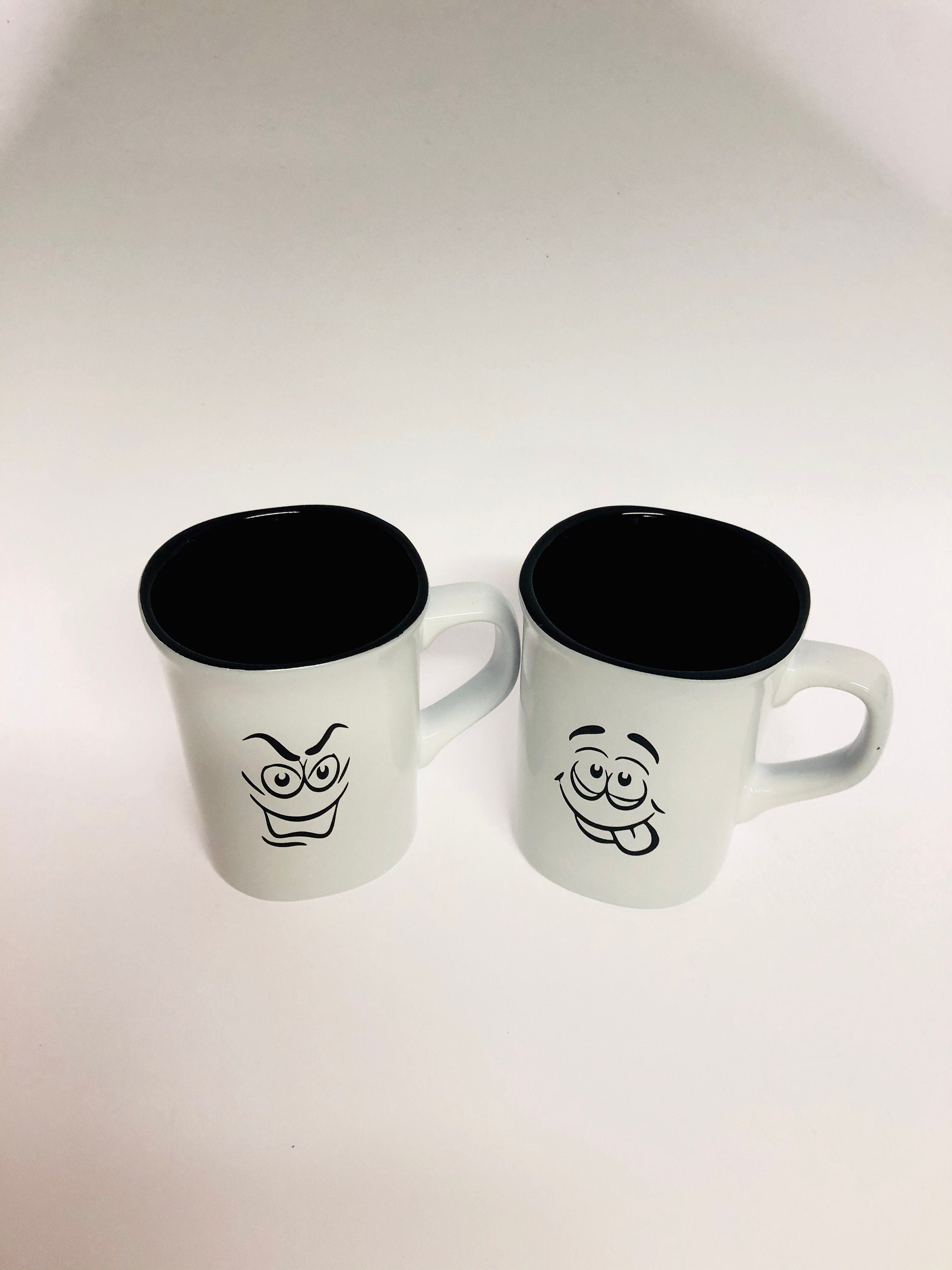 Set of (2) two - 10oz Ceramic Coffee/Tea Cups laser engraved with emoji faces - great gift